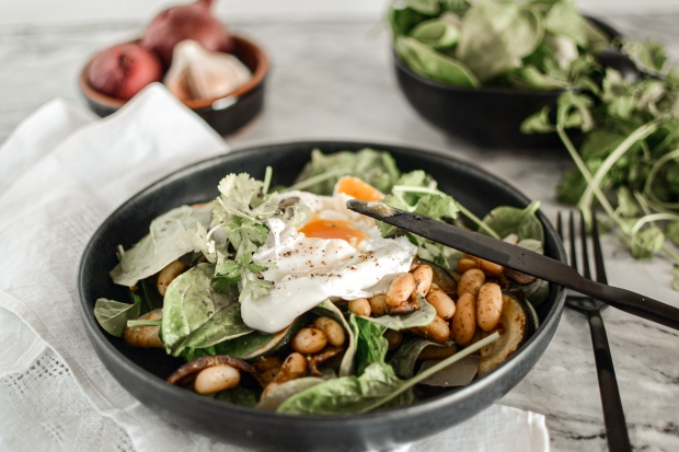 Pesto Bean and Courgette Brunch Salad with Poached Egg